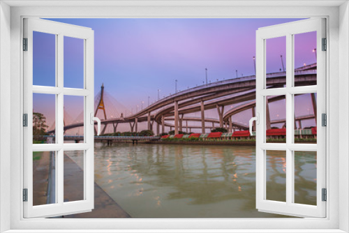 Fototapeta Naklejka Na Ścianę Okno 3D - Bhumibol Bridge in Thailand, also known as the Industrial Ring Road Bridge, in Thailand. The bridge crosses the Chao Phraya River twice.