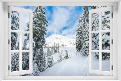 Fototapeta Naklejka Na Ścianę Okno 3D - a path cover with snow in paradise area,scenic view of mt Rainier National park,Washington,USA.