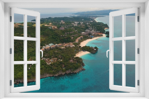 Fototapeta Naklejka Na Ścianę Okno 3D - Aerial view of beautiful tropical island with white sand beach, Boracay, hotels and tourists. Tropical lagoon with turquoise water and white sand. Beautiful sky, sea, beach, resort. Seascape: Ocean
