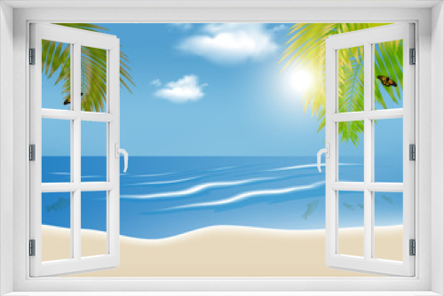 Fototapeta Naklejka Na Ścianę Okno 3D - Tropical sea and beach with blue sky in sunny weather. Vector illustration.