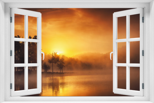 Fototapeta Naklejka Na Ścianę Okno 3D - Morning fog on the lake, sunrise shot