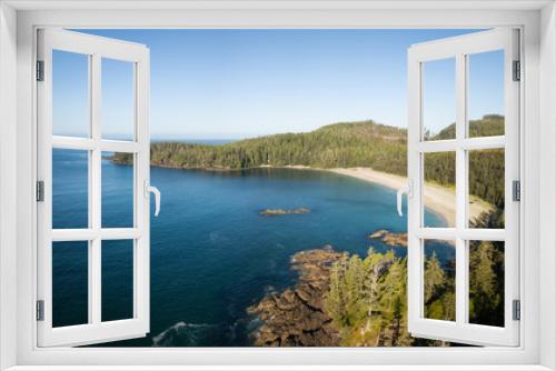 Fototapeta Naklejka Na Ścianę Okno 3D - Beautiful aerial panoramic seascape view of Pacific Ocean Coast during a vibrant summer day. Taken at Grant Bay, Northern Vancouver Island, BC, Canada.