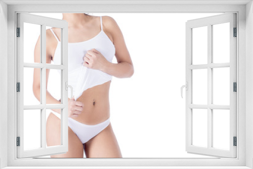 Female body in white lingerie on it isolated on white. Fat lose, liposuction and cellulite removal concept