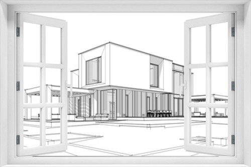 Fototapeta Naklejka Na Ścianę Okno 3D - 3d rendering sketch of modern cozy house by the river with garage for sale or rent. Black line sketch with soft light shadows on white background