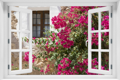 Fototapeta Naklejka Na Ścianę Okno 3D - Colourful bougainvillea around the window of a Mallorca villa
