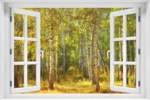 Fototapeta Naklejka Na Ścianę Okno 3D - Sunny weather in birch tree forest. Soft focus effects, focused on near trees.