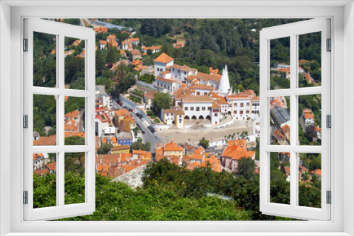 The Palace of Sintra as seen from the Moorish castle on the top of the hill. Sintra. Portugal