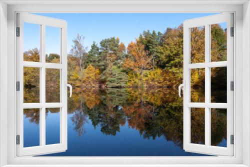 Fototapeta Naklejka Na Ścianę Okno 3D - Bäume in Herbstfarben reflektieren sich im See