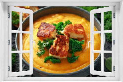 Fototapeta Naklejka Na Ścianę Okno 3D - Baked butternut squash and carrot cream soup with steamed kale and fried halluomi