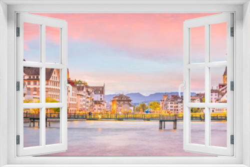 Fototapeta Naklejka Na Ścianę Okno 3D - Beautiful view of historic city center of Zurich at sunset