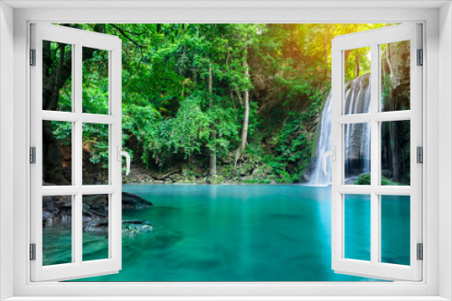 Fototapeta Naklejka Na Ścianę Okno 3D - Erawan waterfall in tropical forest of national park, Thailand 