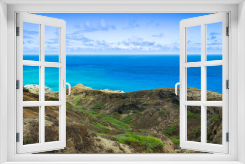 Fototapeta Naklejka Na Ścianę Okno 3D - Tropical freedom and island paradise for travel and nature concept.  Happiness and balance with coral reef and blue waters.  Overlook.