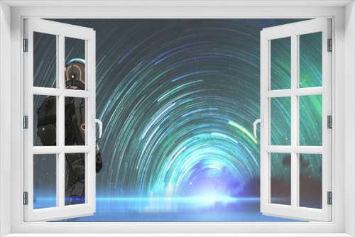Fototapeta Naklejka Na Ścianę Okno 3D - science fiction scene of the astronaut standing in front of starry tunnel entrance, digital art style, illustration painting