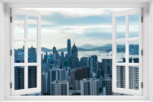 Fototapeta Naklejka Na Ścianę Okno 3D - View of Victoria Harbour and skyscrapers from the panoramic point The Victoria Peak, Hong Kong.