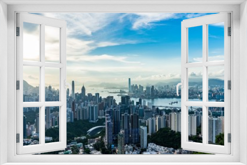 Fototapeta Naklejka Na Ścianę Okno 3D - View of Victoria Harbour and skyscrapers from the panoramic point The Victoria Peak, Hong Kong.