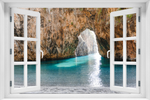 Fototapeta Naklejka Na Ścianę Okno 3D - Natural Arch of Arcomagno San Nicola Arcella, Tyrrhenian Sea, South of Italy.