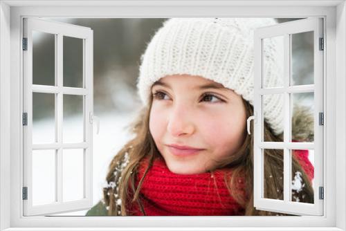 Portrait of a small girl in winter nature.