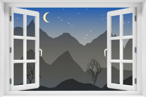 Fototapeta Naklejka Na Ścianę Okno 3D - Night vector landscape with mountain, mond, stars and trees. High mountain peaks on a night sky background, vector eps10 illustration