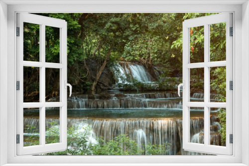 Fototapeta Naklejka Na Ścianę Okno 3D - Huay Maekamin Waterfall Tier 4 (Chatkaew) in Kanchanaburi, Thailand; photo by long exposure with slow speed shutter