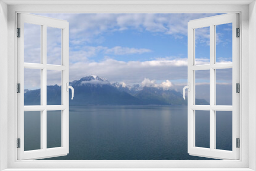 Fototapeta Naklejka Na Ścianę Okno 3D - Switzerland, Montreux, panoramic view of Lake Geneva and the Alps in cloudy weather