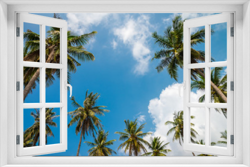 Fototapeta Naklejka Na Ścianę Okno 3D - Coconut palm trees in sunny day with blue sky - Tropical summer breeze holiday