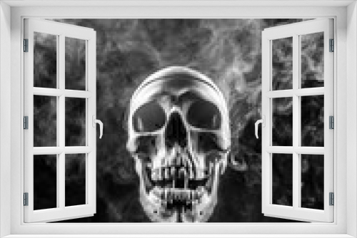 Fototapeta Naklejka Na Ścianę Okno 3D - Front of real skull in abstract smoke isolated on black background.