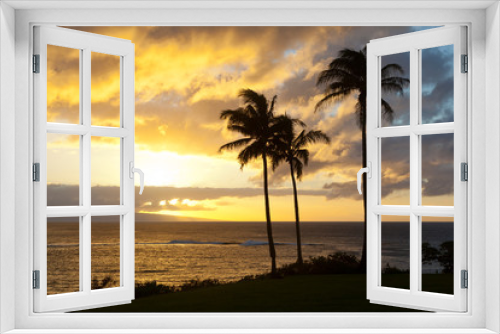 Fototapeta Naklejka Na Ścianę Okno 3D - Palm Tree Sunset At Napili Point, Maui
