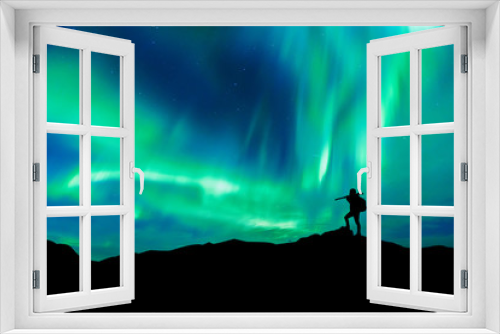 Fototapeta Naklejka Na Ścianę Okno 3D - Aurora borealis with silhouette standing photographer on the mountain.Freedom traveller journey concept