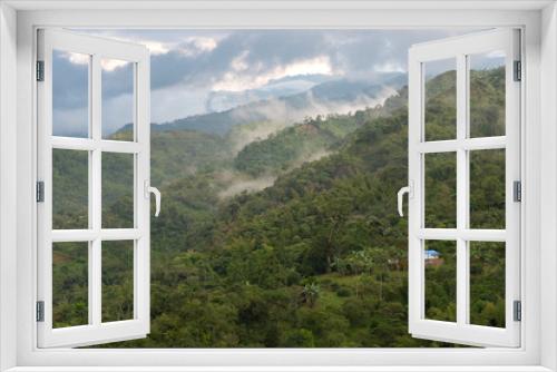 Fototapeta Naklejka Na Ścianę Okno 3D - Country house between an immense ecosystem of trees and wildlife on a morning mist in the countryside. Colombia