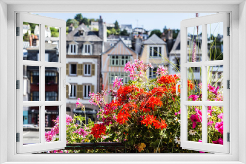 Fototapeta Naklejka Na Ścianę Okno 3D - Picturesque flowers with old houses in background, Morlaix, France