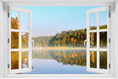 Fototapeta Naklejka Na Ścianę Okno 3D - jesienny poranek nad jeziorem Pluszne
