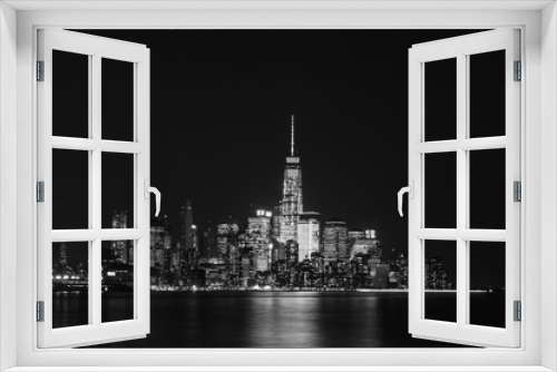 Fototapeta Naklejka Na Ścianę Okno 3D - Lower Manhattan Skyline at Night from Hoboken in Black and White - Freedom Tower Pictured