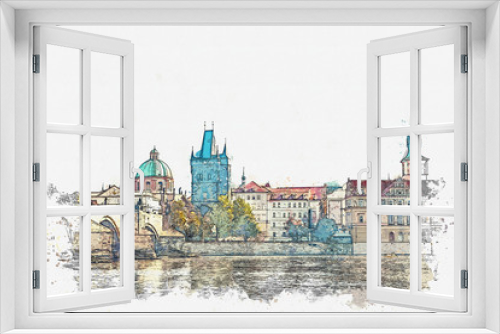 Watercolor sketch or illustration of a beautiful view of the ancient architecture of Prague and the Charles Bridge over the Vltava River.
