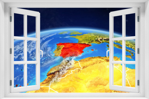 Fototapeta Naklejka Na Ścianę Okno 3D - Spain on planet Earth with country borders and highly detailed planet surface and clouds.