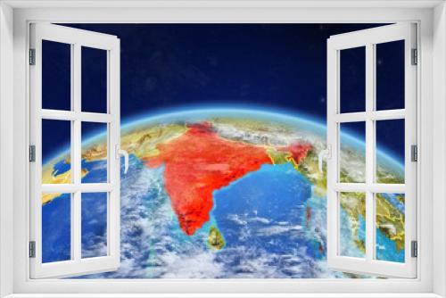 Fototapeta Naklejka Na Ścianę Okno 3D - India on planet Earth with country borders and highly detailed planet surface and clouds.