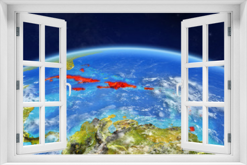 Fototapeta Naklejka Na Ścianę Okno 3D - Caribbean on planet Earth with country borders and highly detailed planet surface and clouds.