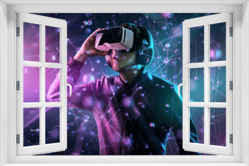 Fototapeta Naklejka Na Ścianę Okno 3D - Mann mit Virtual Reality Brille in 3D Umgebung