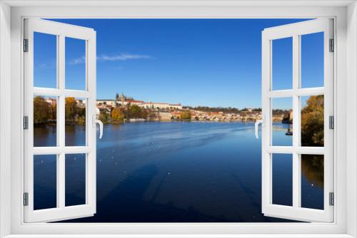 Fototapeta Naklejka Na Ścianę Okno 3D - Colorful autumn Prague gothic Castle and Charles Bridge with the Lesser Town in the sunny Day, Czech Republic