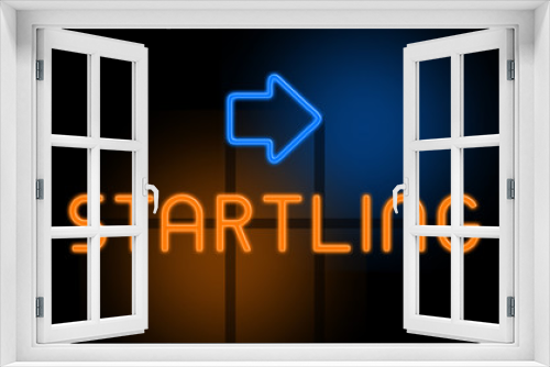 Startling - orange glowing text with an arrow on dark background
