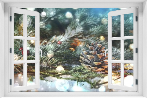 Fototapeta Naklejka Na Ścianę Okno 3D - Weihnachtlicher Hintergrund Natur - Tannenzweige mit Zapfen im Schnee