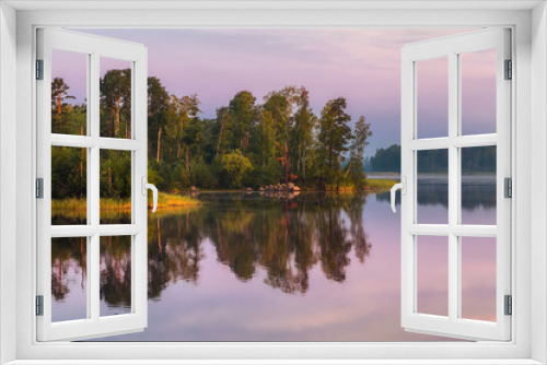 Fototapeta Naklejka Na Ścianę Okno 3D - Morning landscape on a lake with islands and pine trees
