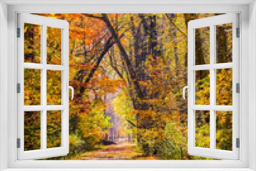 Fototapeta Naklejka Na Ścianę Okno 3D - Autumn leaves of orange, yellow and red are brilliant when viewed against the blue sky walking through a forest during fall season with the changing tree leaves is special to fall season