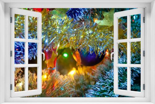 Fototapeta Naklejka Na Ścianę Okno 3D - Christmas, New year background. Garlands, lights, stars hanging on tree branch