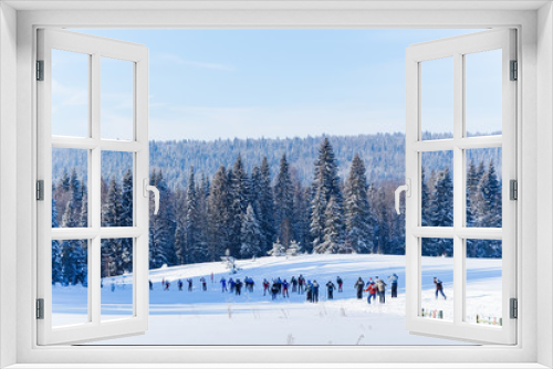 Fototapeta Naklejka Na Ścianę Okno 3D - Many people ski in the winter forest