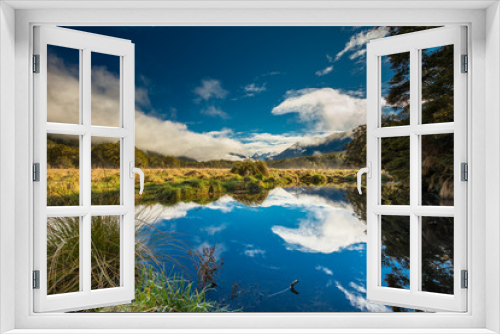 Fototapeta Naklejka Na Ścianę Okno 3D - Mirror Lakes with reflection of Earl Mountains, Fjordland National Park, Millford, New Zealand