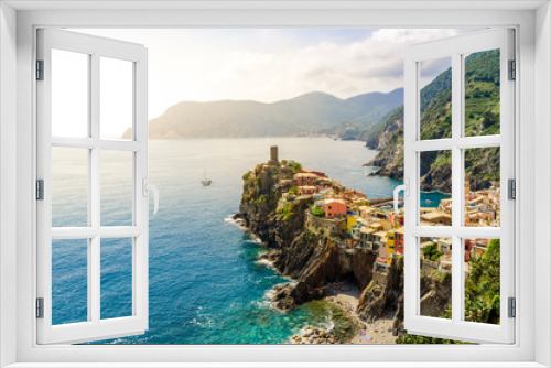 Fototapeta Naklejka Na Ścianę Okno 3D - Vernazza - Village of Cinque Terre National Park at Coast of Italy. Beautiful colors at sunset. Province of La Spezia, Liguria, in the north of Italy - Travel destination and attractions in Europe.