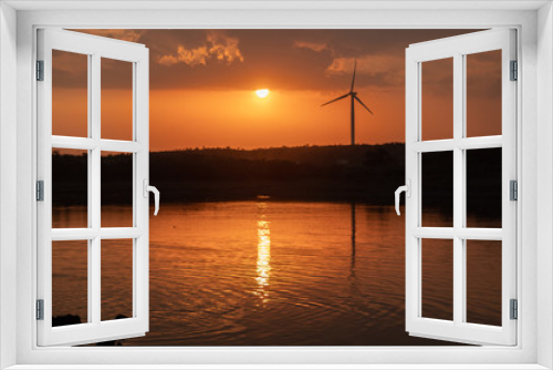 Fototapeta Naklejka Na Ścianę Okno 3D - Windmill reflected in lake