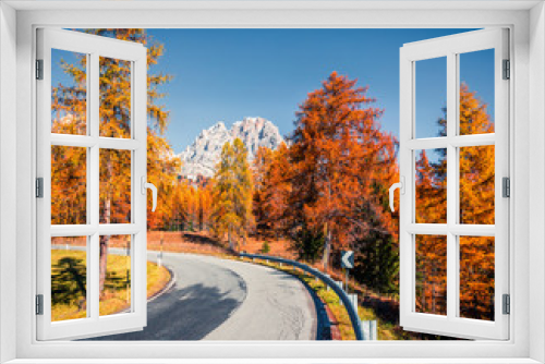 Fototapeta Naklejka Na Ścianę Okno 3D - Fantastic sunny view of Dolomite Alps with yellow larch trees. Colorful autumn scene of mountains. Giau pass location, Italy, Europe. Artistic style post processed photo.