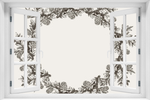 Fototapeta Naklejka Na Ścianę Okno 3D - Decorative wreath made of branches and cones of pine and spruce trees hand drawn with contour lines. Winter background. Monochrome realistic vector illustration.