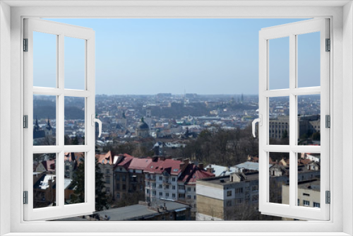 Cityscape of Lviv, Ukraine. Top view from Lysa hill. Spring panorama to historical part of city